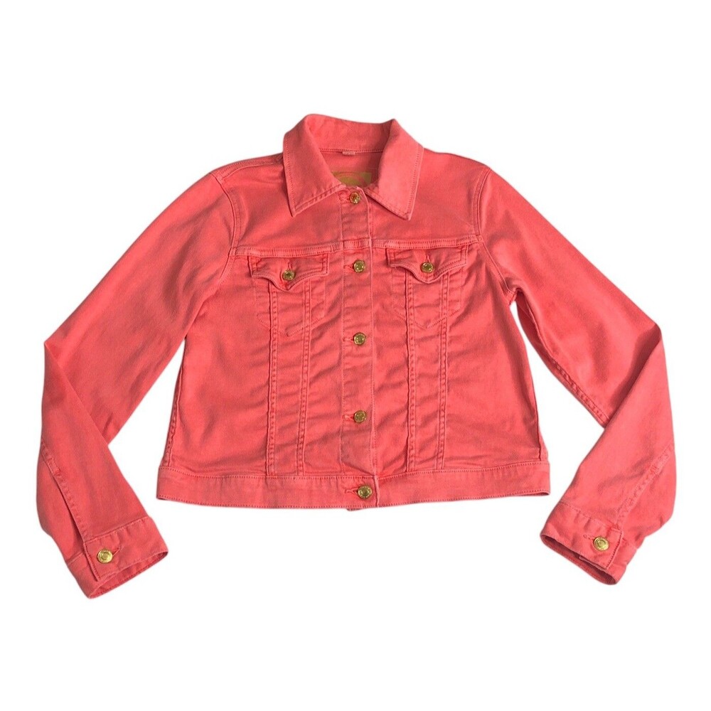 Vintage Y2K Michael Kors MK Denim Crop Jacket Womens M Coral Stretch Streetwear